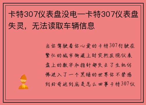 卡特307仪表盘没电—卡特307仪表盘失灵，无法读取车辆信息